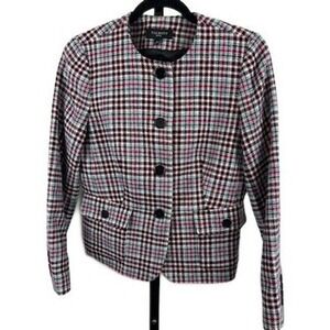 Talbots Blazer Women's Size 8P Petite Plaid Collarless‎ Pink Green Houndstooth